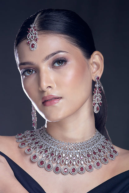 Ruby Stone Cutwork Embellished Jewellery Set 