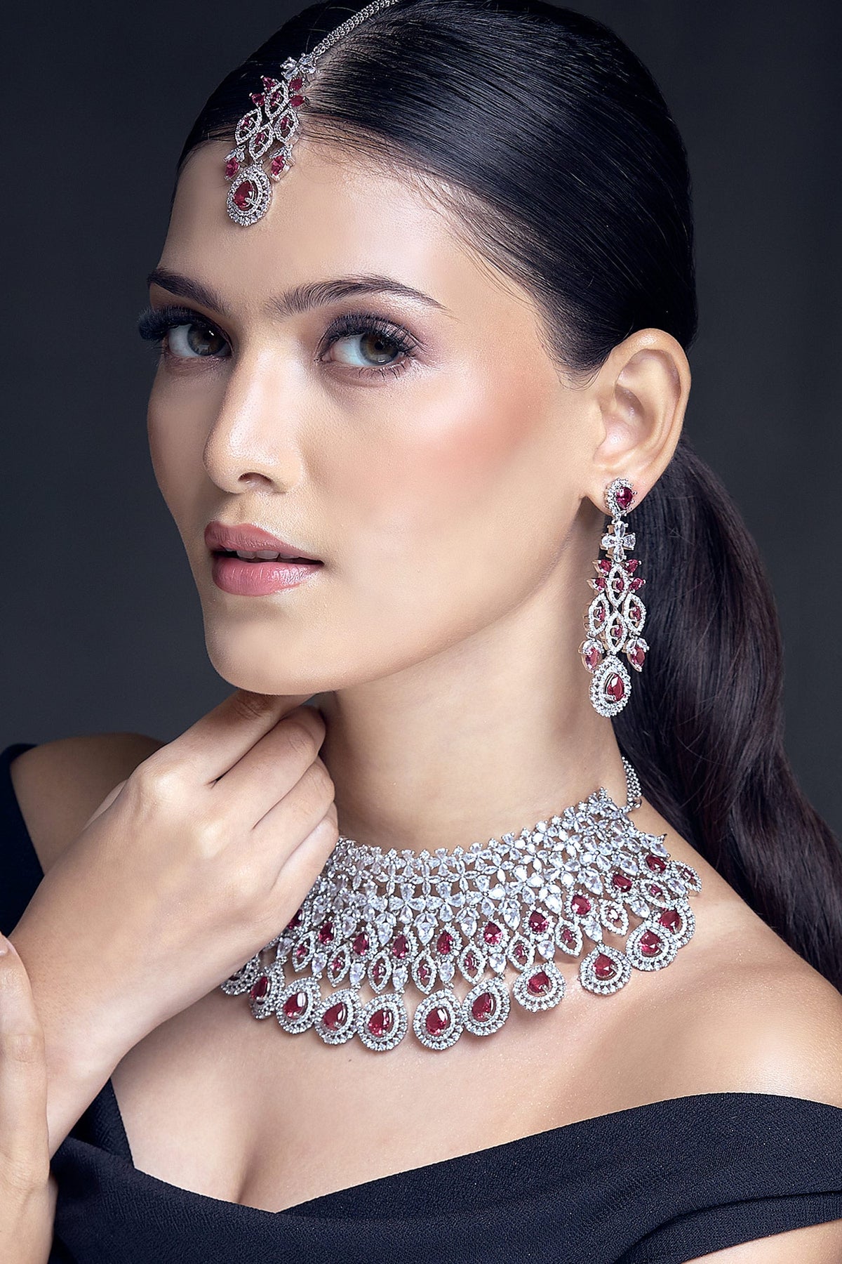 Ruby Stone Cutwork Embellished Jewellery Set 
