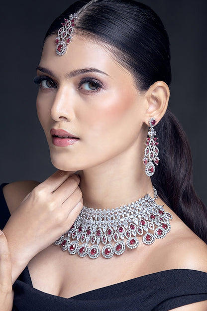 Ruby Stone Cutwork Embellished Jewellery Set 