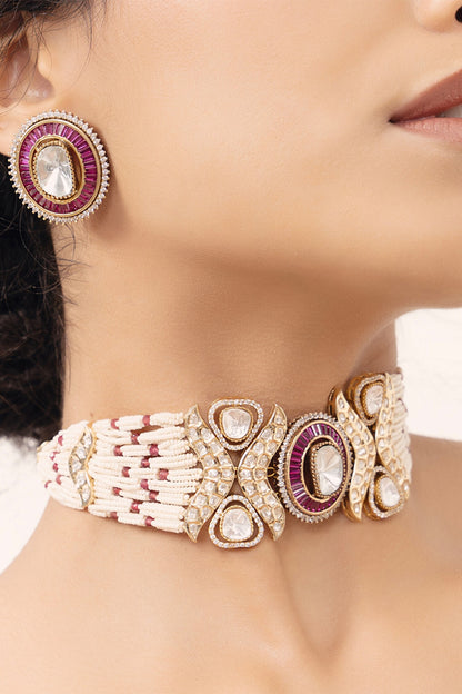 Polki Embellished Multi Strand Choker Necklace Set 