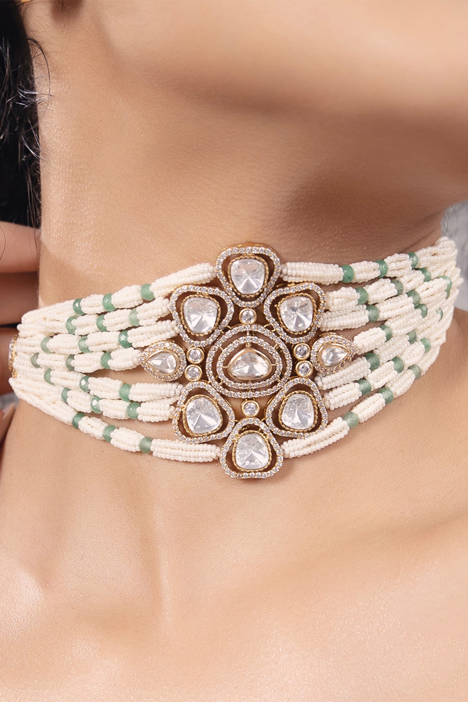 Polki Embellished Multi Strand Choker Necklace 