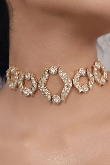 Polki Pearl Embellished Carved Choker Necklace 