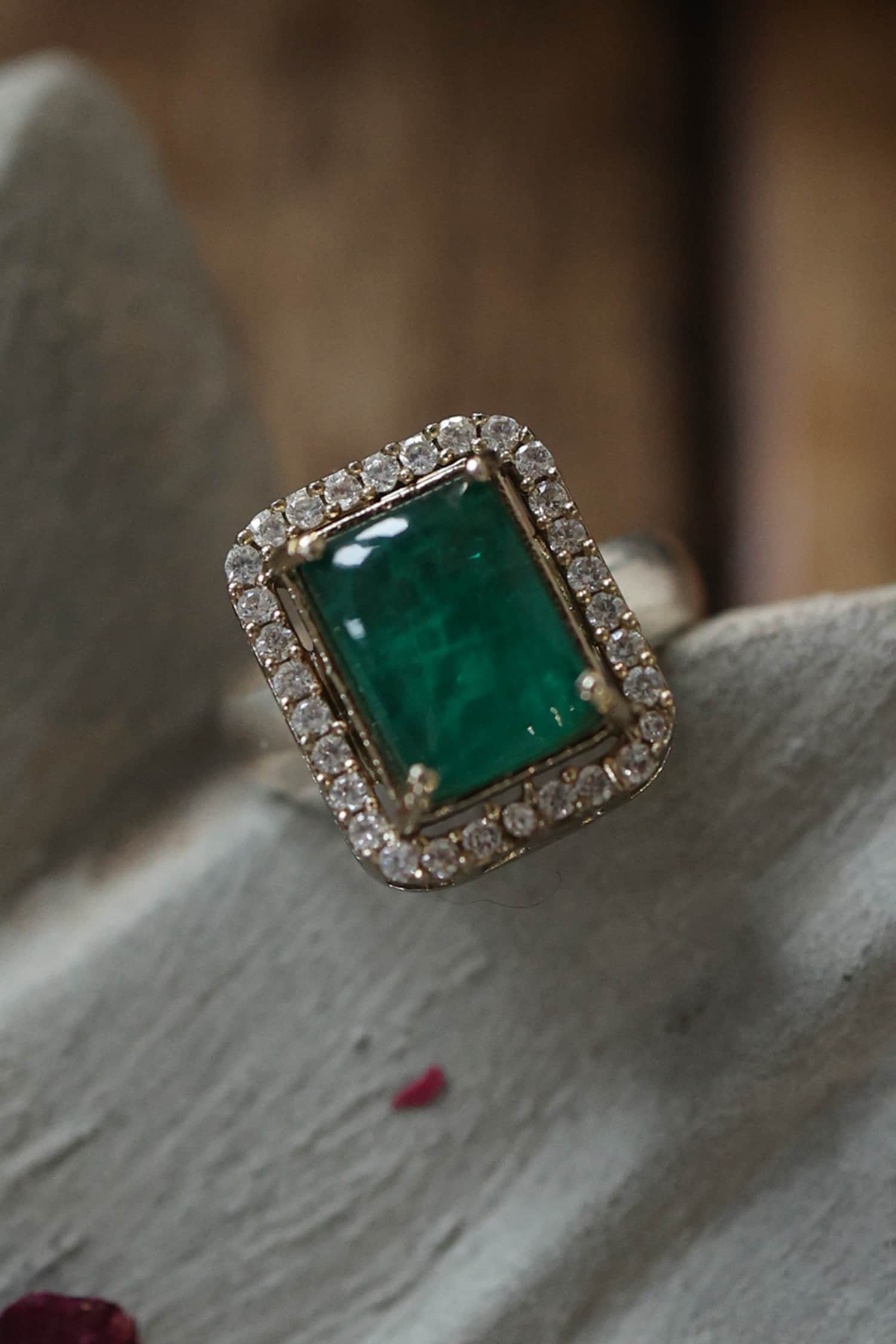 Emerald Stone & Cubic Zirconia Embellished Ring 