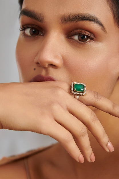 Emerald Stone & Cubic Zirconia Embellished Ring 