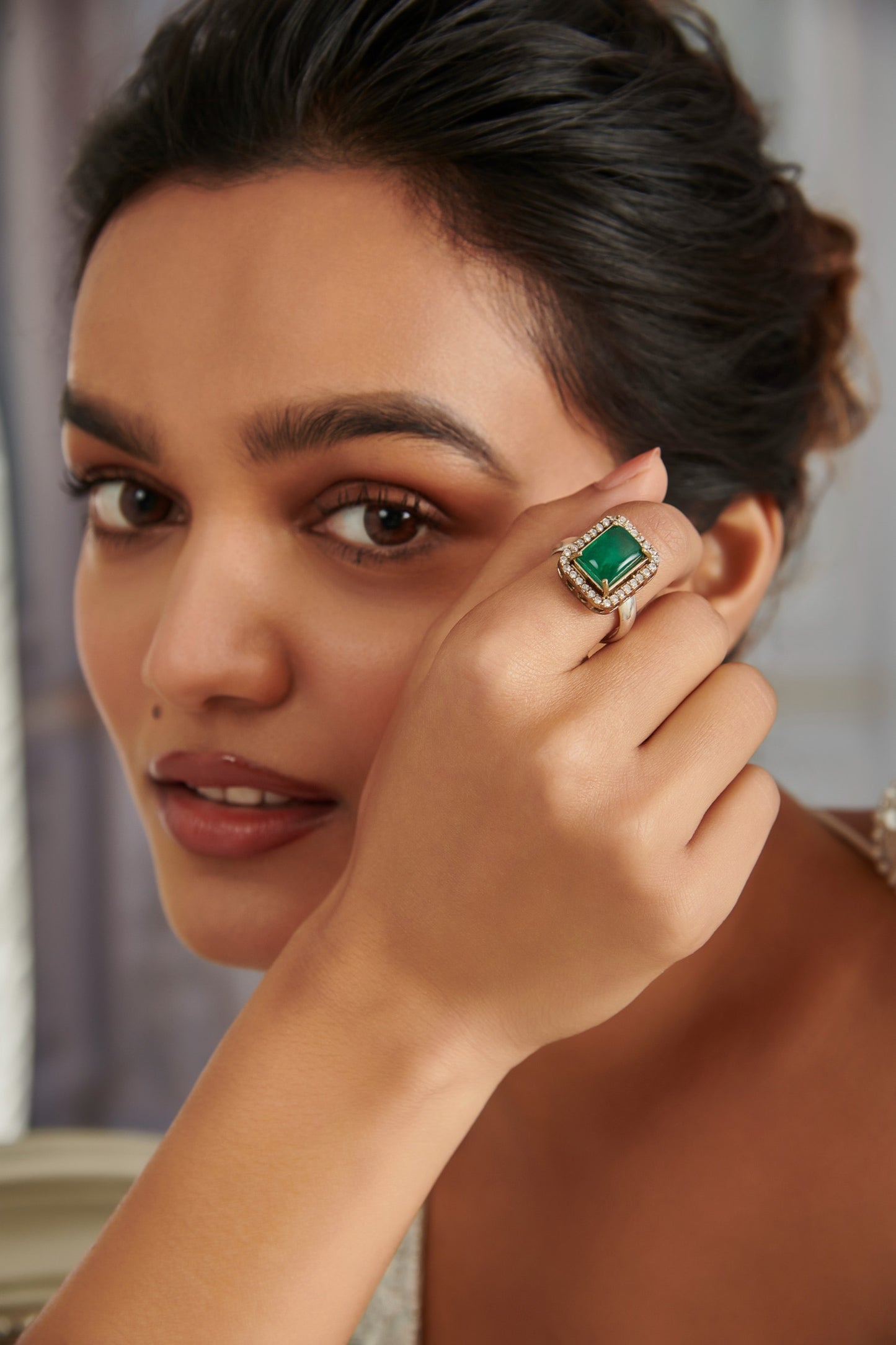 Emerald Stone & Cubic Zirconia Embellished Ring 