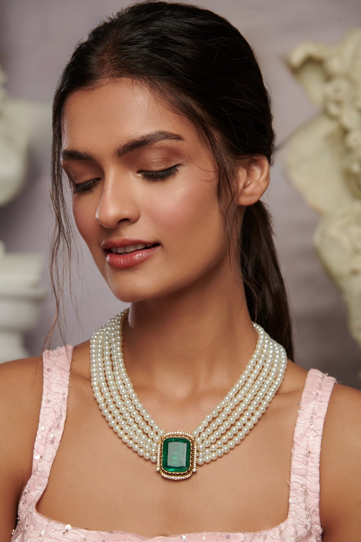 Emerald Doublet Stone Embellished Pearl Necklace 