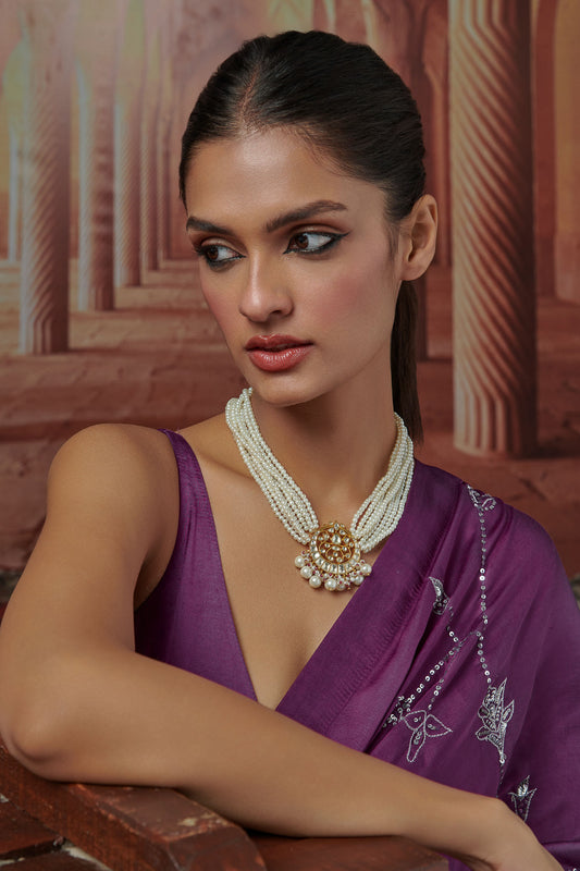 Kundan Chand Bloom Pearl Pendant Necklace 