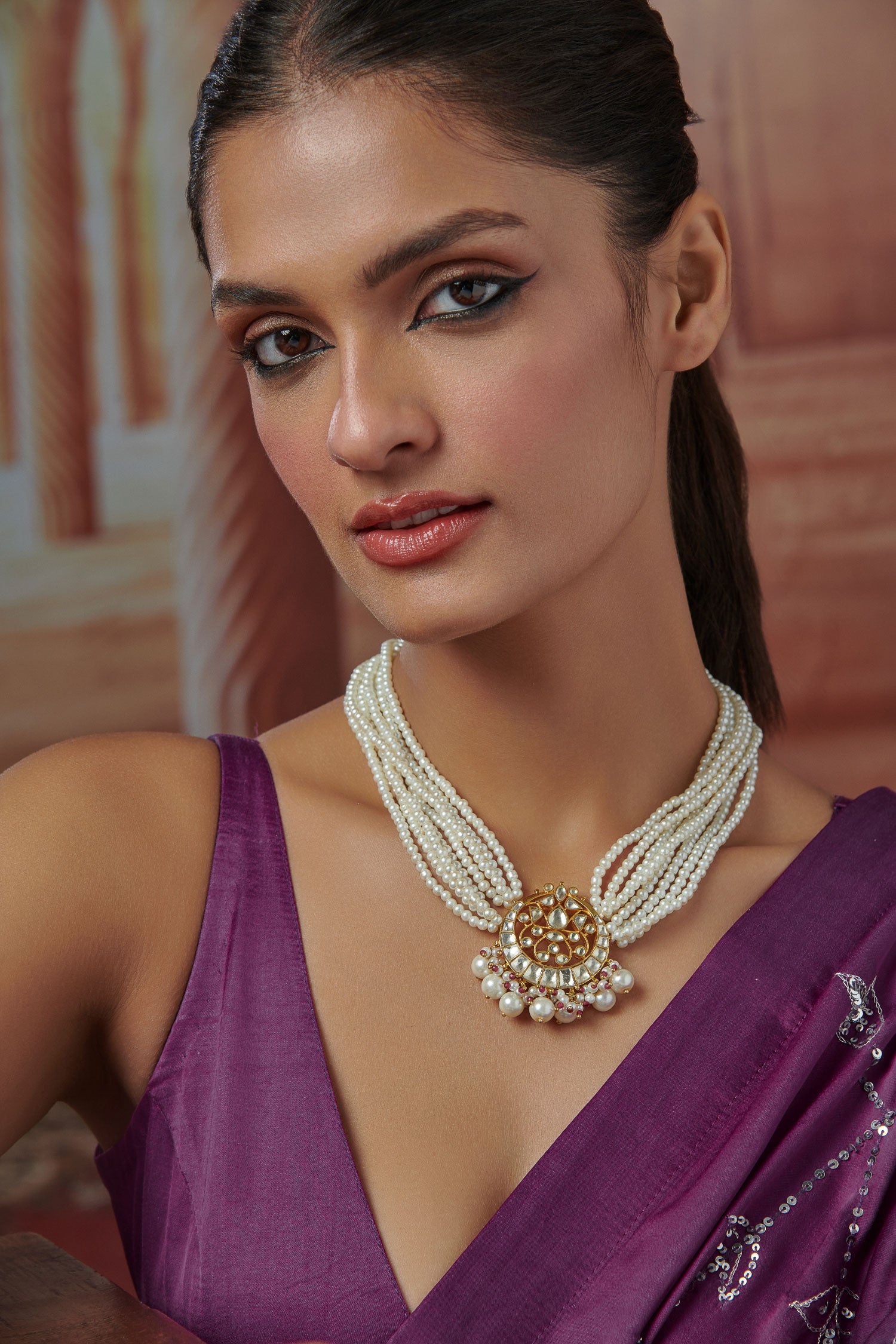Kundan Chand Bloom Pearl Pendant Necklace 
