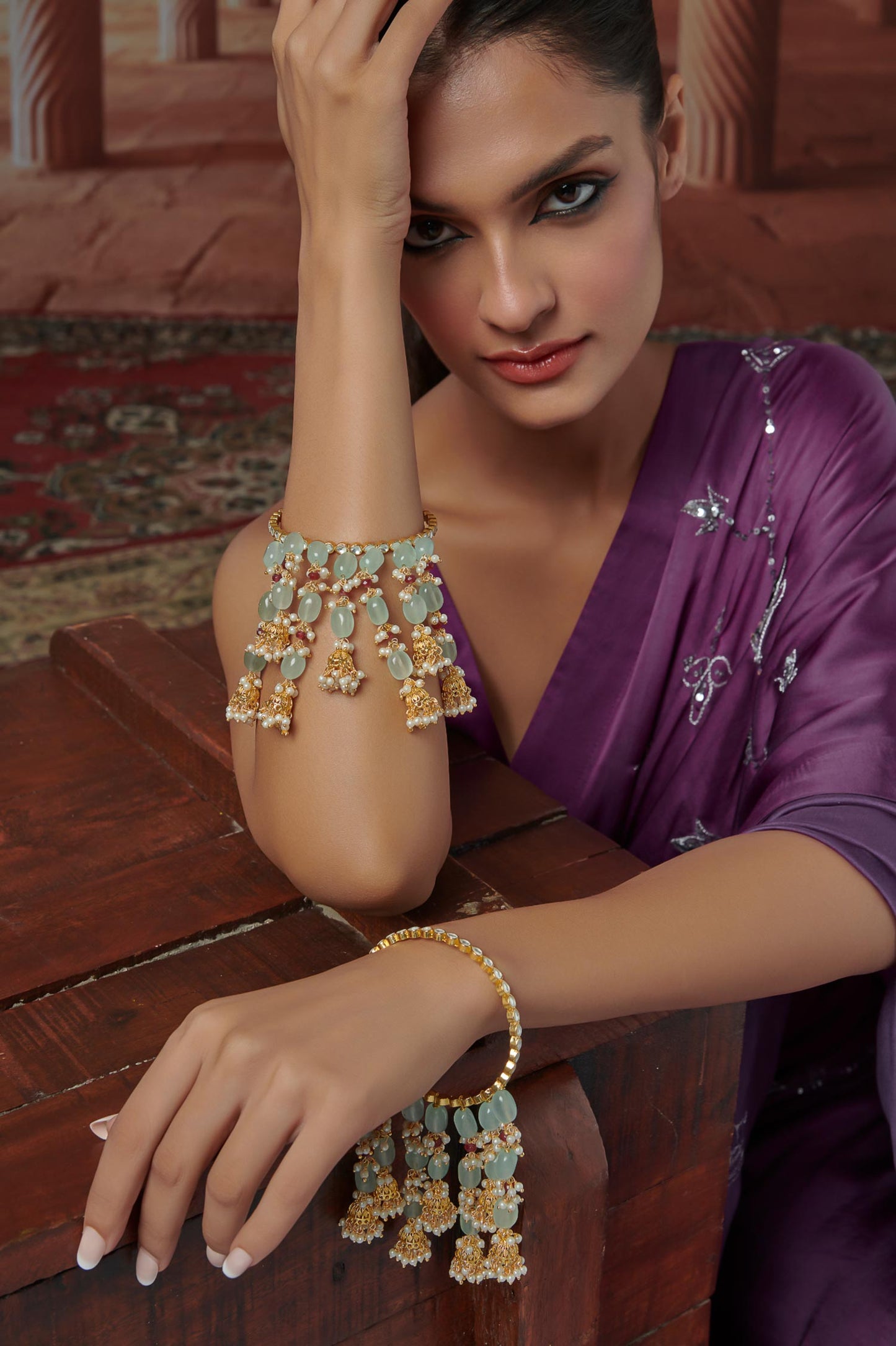 Fluorite Stone Embellished Jhumki Kalira Bangles 2 Pcs 