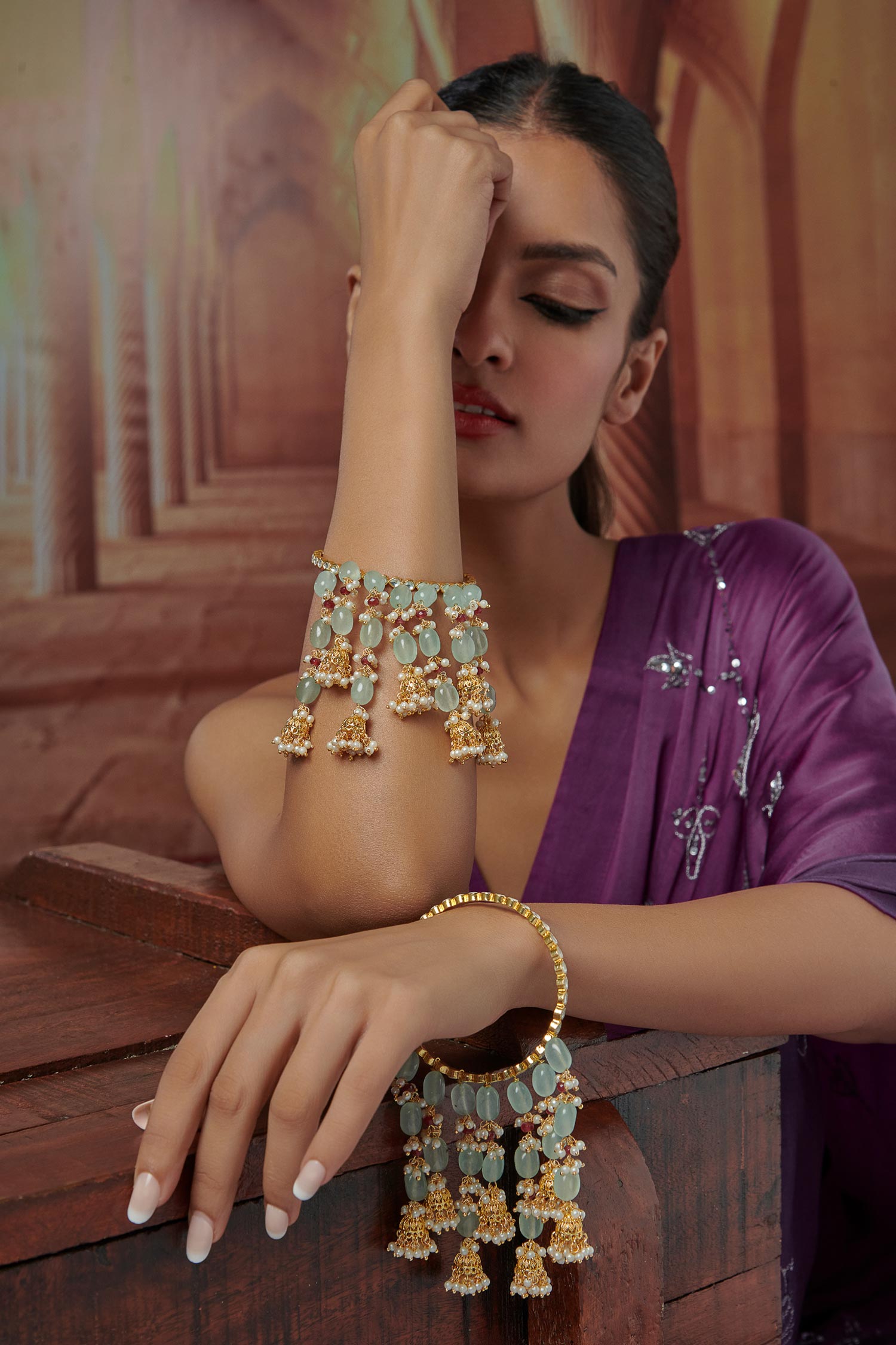 Fluorite Stone Embellished Jhumki Kalira Bangles 2 Pcs 