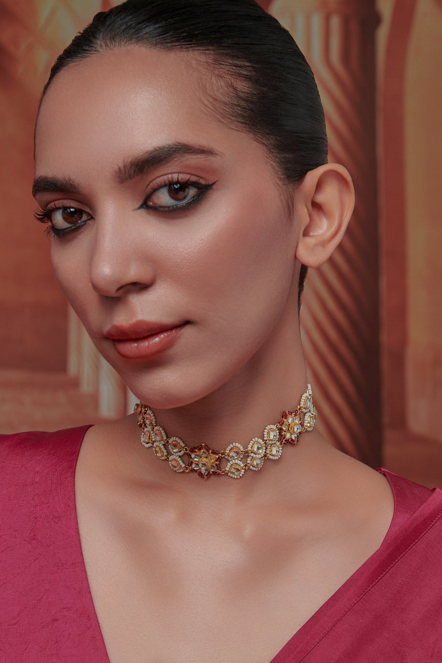 Gul Kundan & Pearl Embellished Necklace 