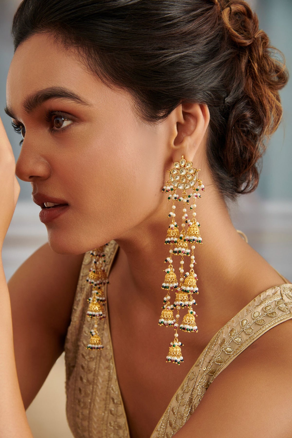 Chand Bahar Kundan Long Jhumki Earrings 