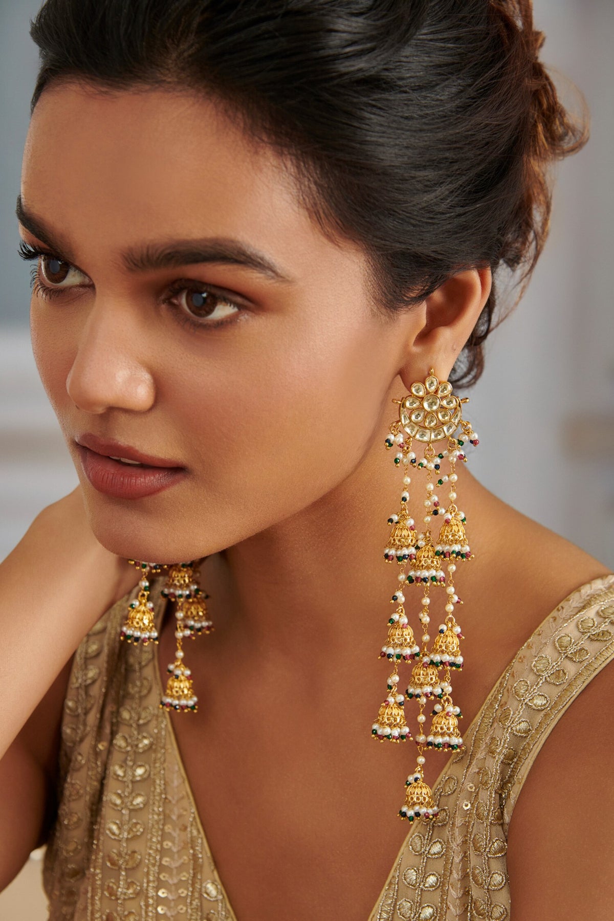 Chand Bahar Kundan Long Jhumki Earrings 
