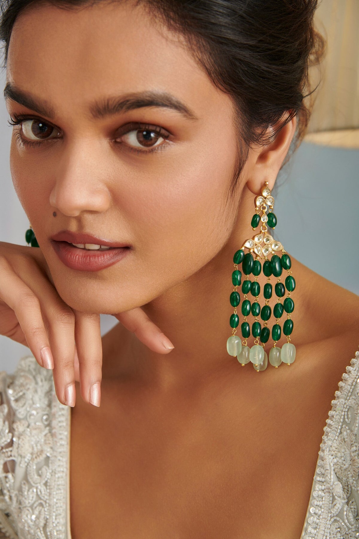 Jade Stone Embellished Dangler Earrings 