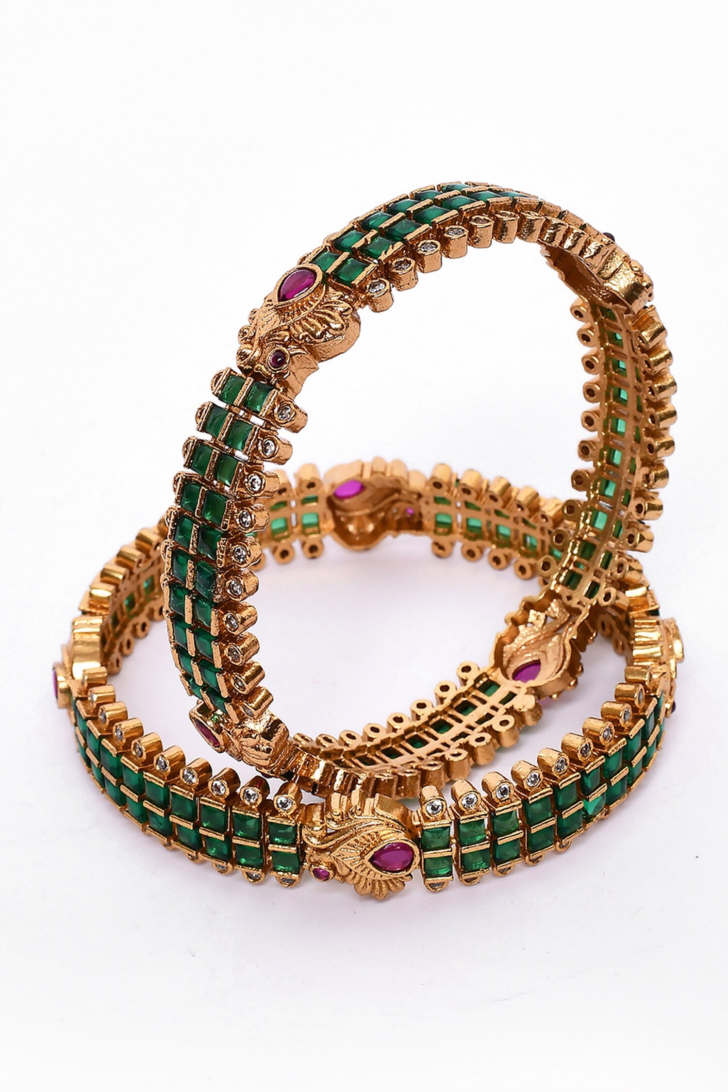 Stone Studded Carved Bangles - Set of 2 