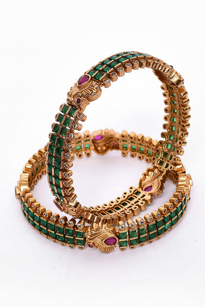 Stone Studded Carved Bangles - Set of 2 