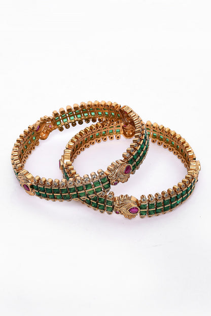 Stone Studded Carved Bangles - Set of 2 
