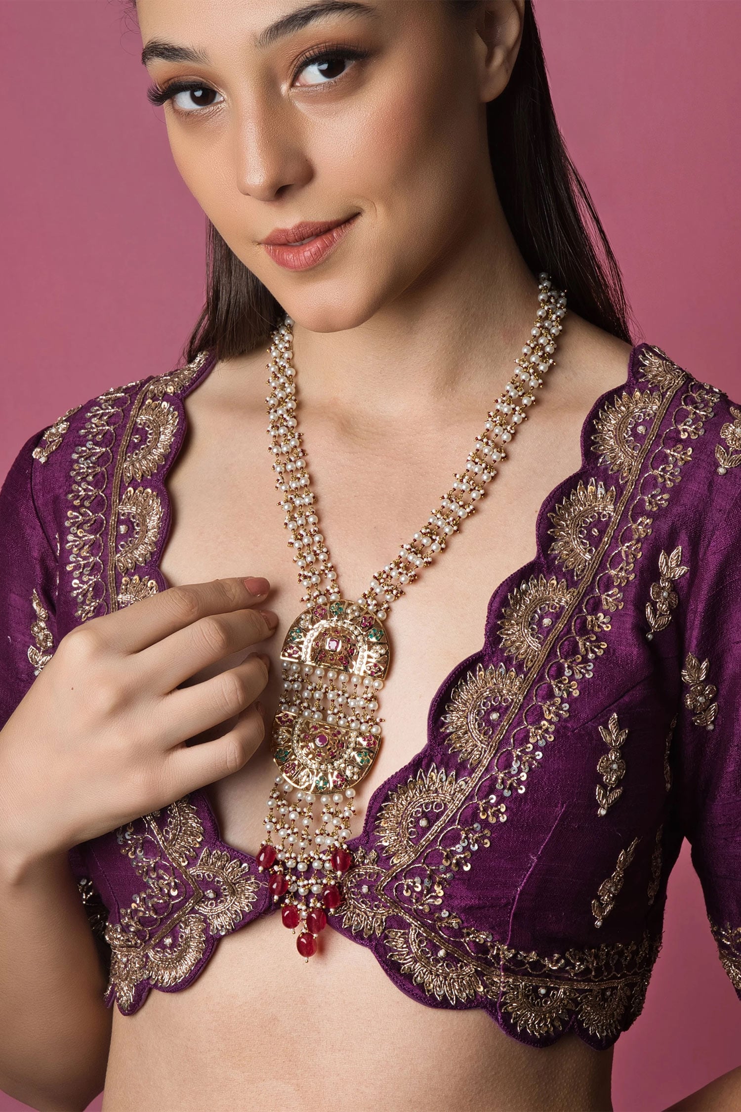 Exquisite Jadau Half Moon Pendant Necklace 
