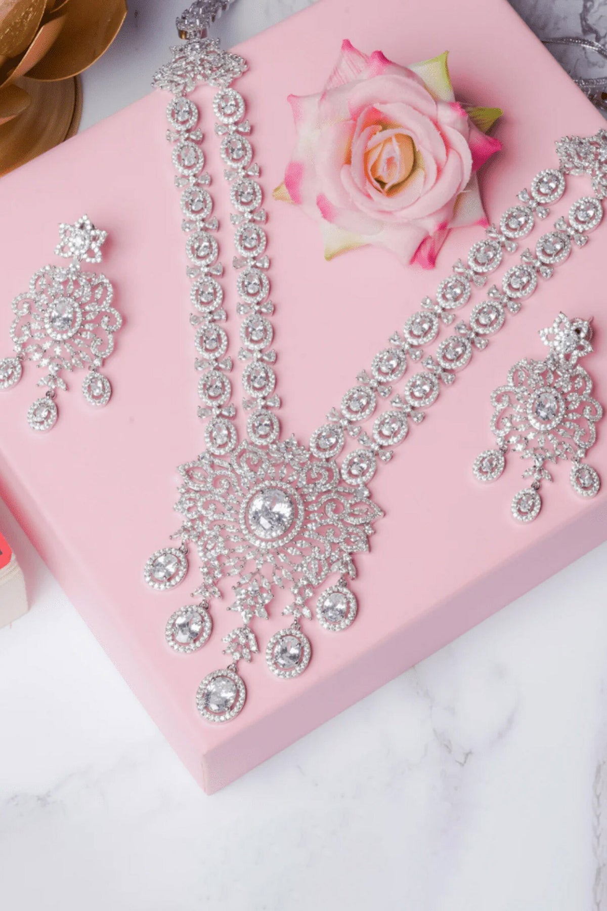American Diamond Studded Floral Necklace Set 