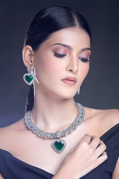 Zircon & Emerald Stone Embellished Necklace Set 