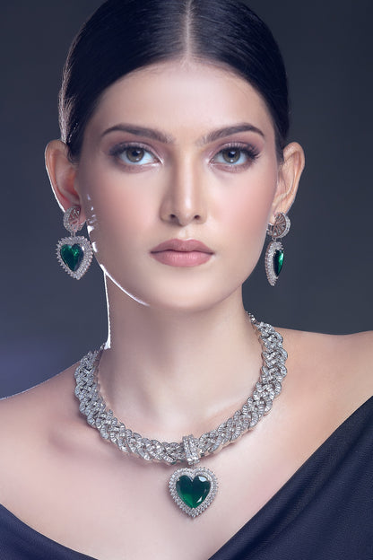 Zircon & Emerald Stone Embellished Necklace Set 