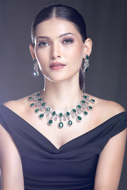 Zircon & Emerald Stone Embellished Necklace Set 