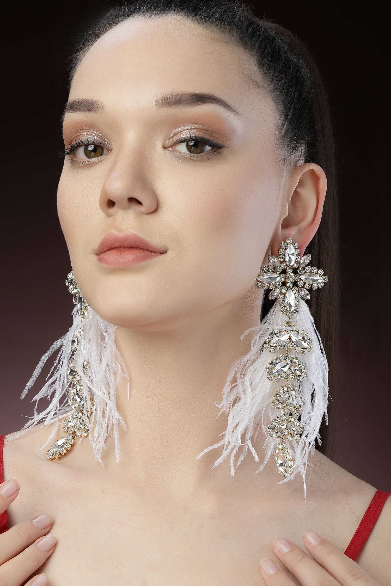 Glory Feather & Crystal Embellished Earrings 