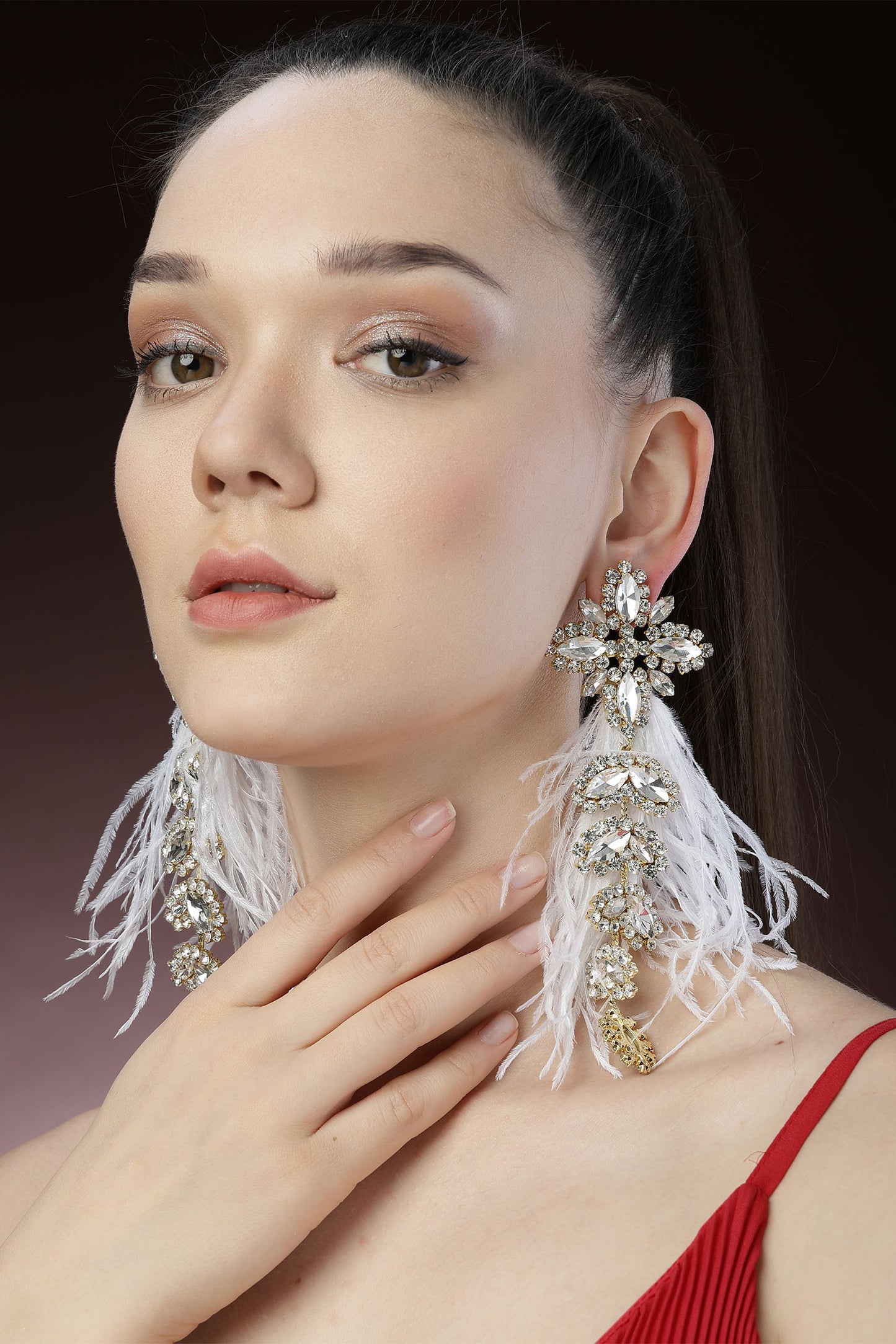Glory Feather & Crystal Embellished Earrings 
