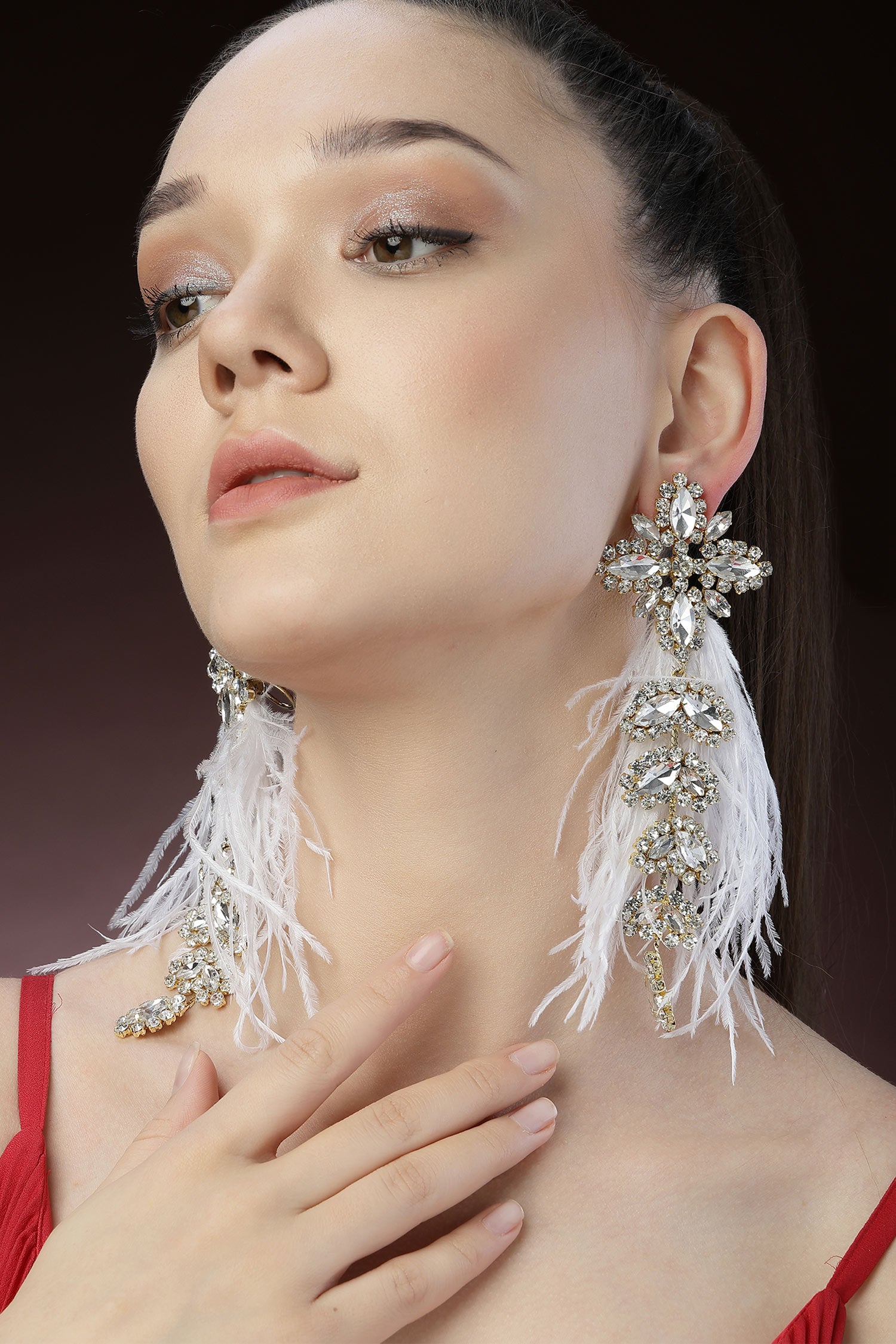 Glory Feather & Crystal Embellished Earrings 