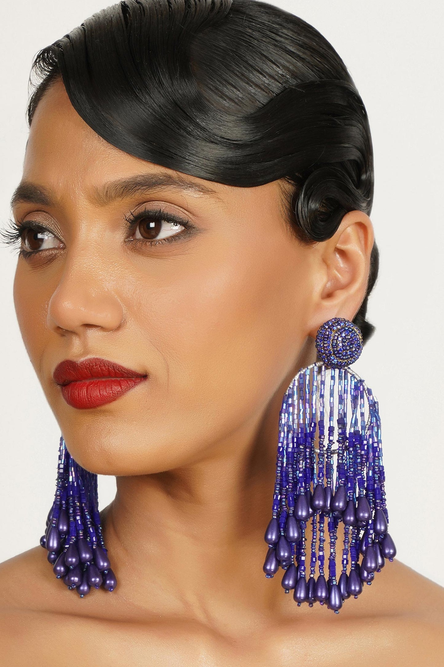 Bead Crystal Studded Tassel Earrings 
