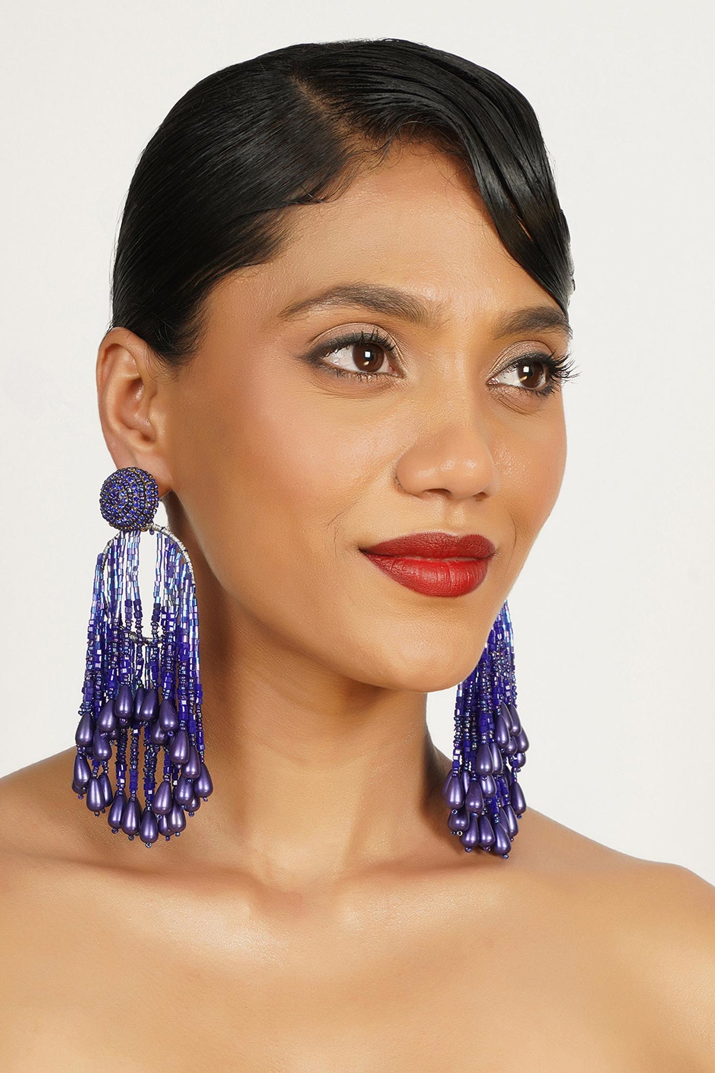 Bead Crystal Studded Tassel Earrings 
