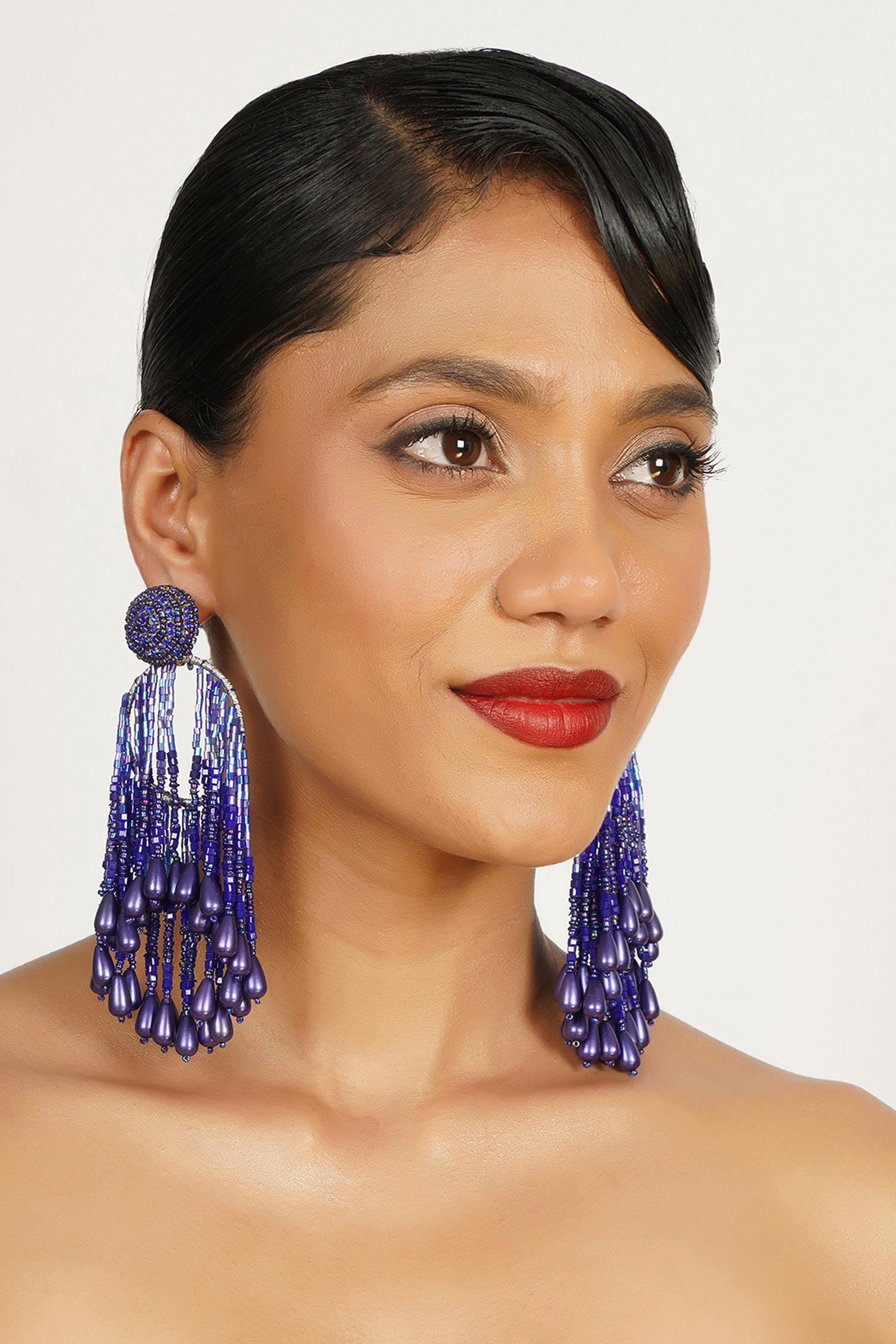 Bead Crystal Studded Tassel Earrings 