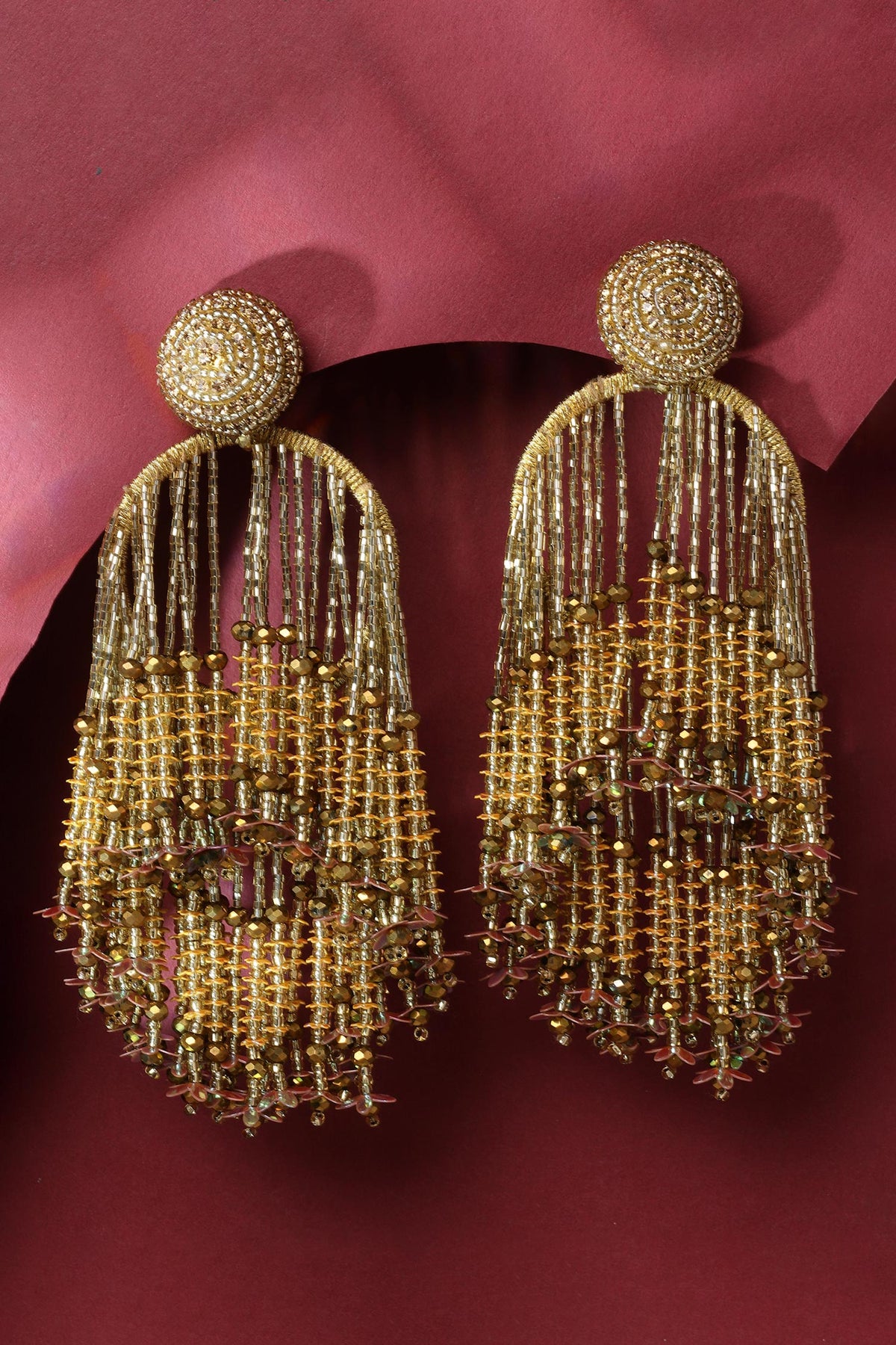 Crystal Studded Bead Tassel Earrings 