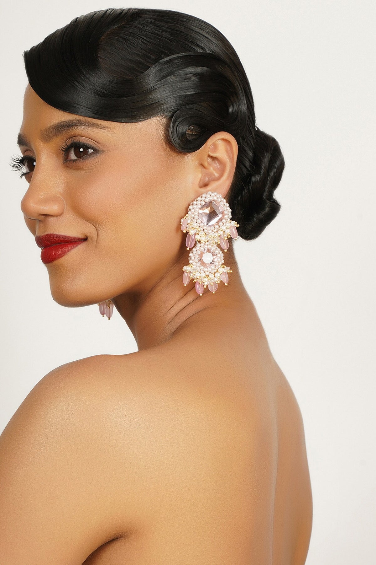 Crystal Embellished Pearl Tassel Chandelier Earrings 