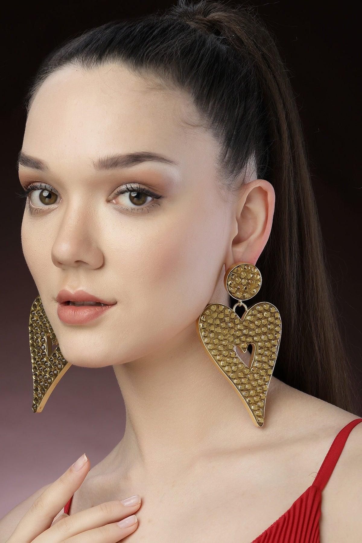 Crystal Embellished Heart Dangler Earrings 