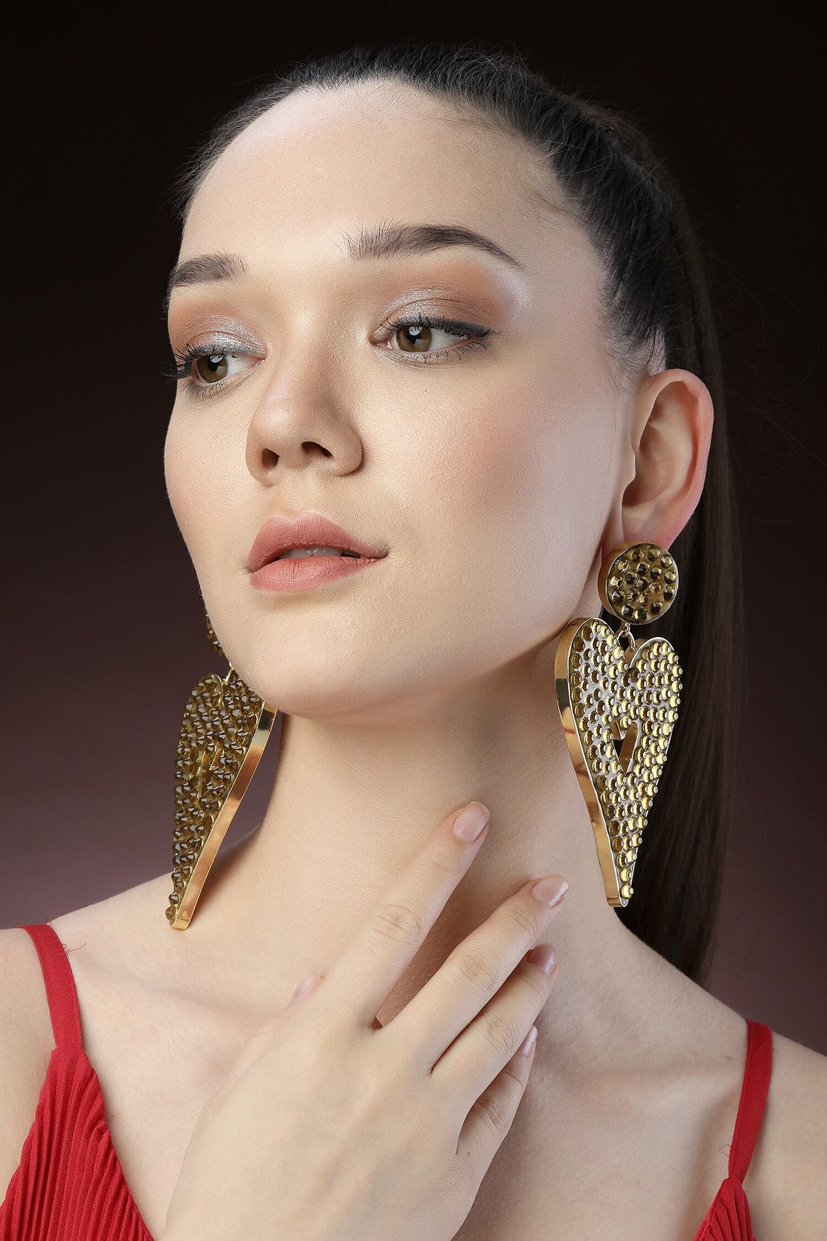 Crystal Embellished Heart Dangler Earrings 
