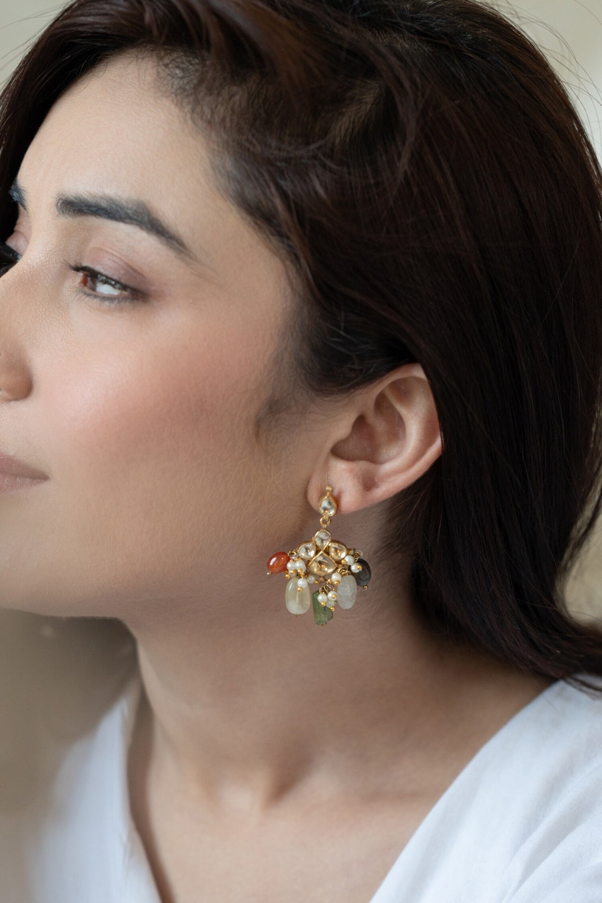 Floral Kundan Stone Tassel Earrings 