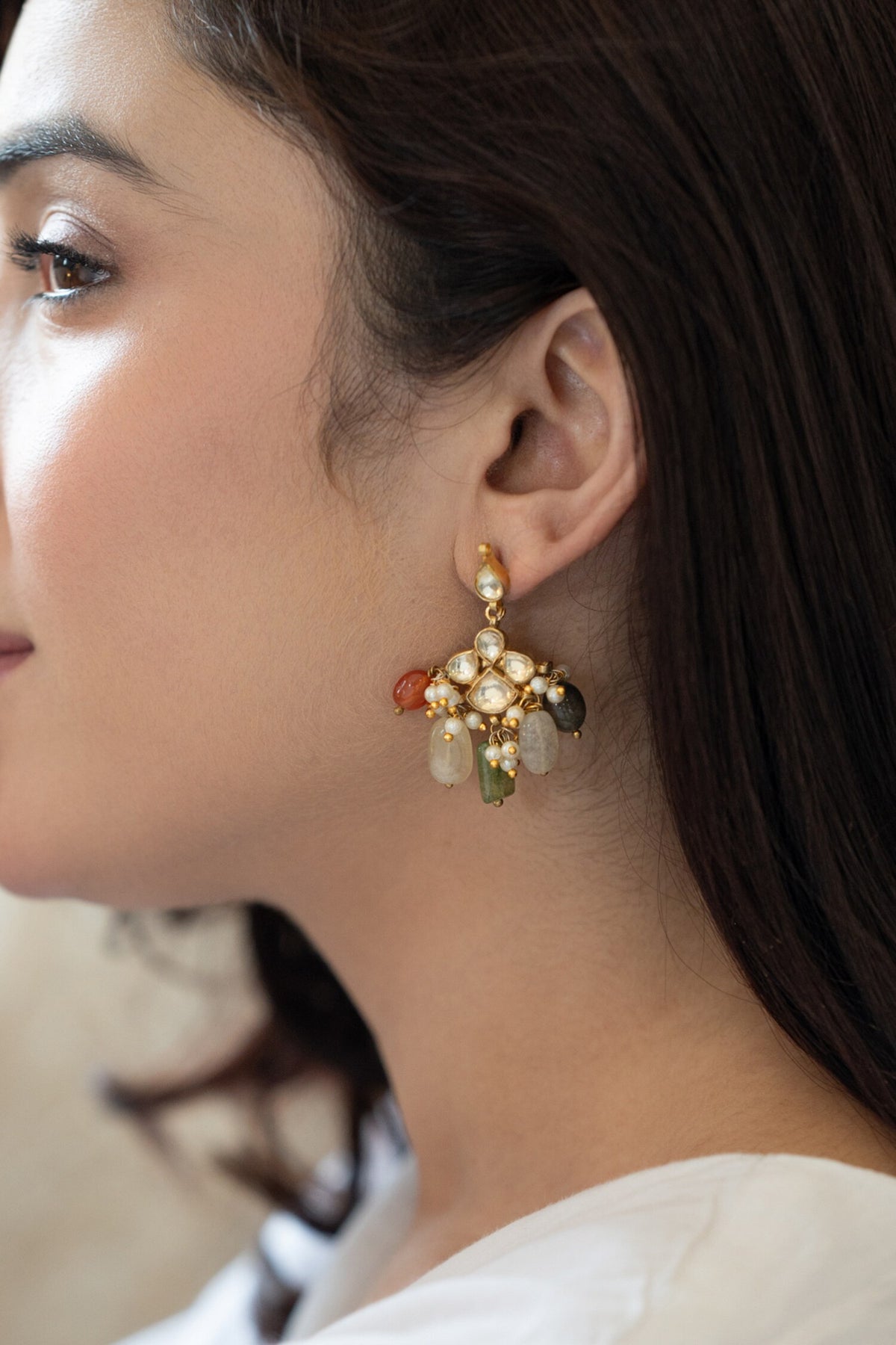 Floral Kundan Stone Tassel Earrings 