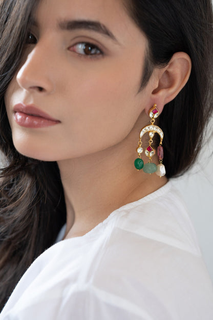 Kundan Studded Crecent Tassel Earrings 