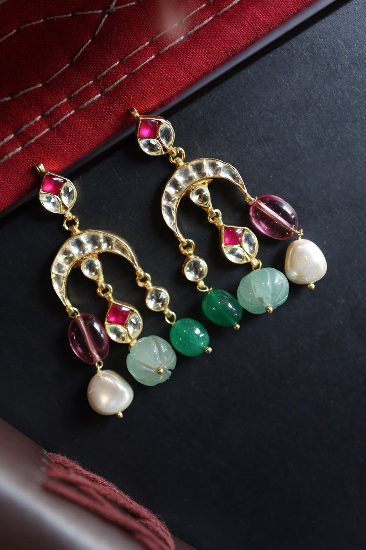 Kundan Studded Crecent Tassel Earrings 