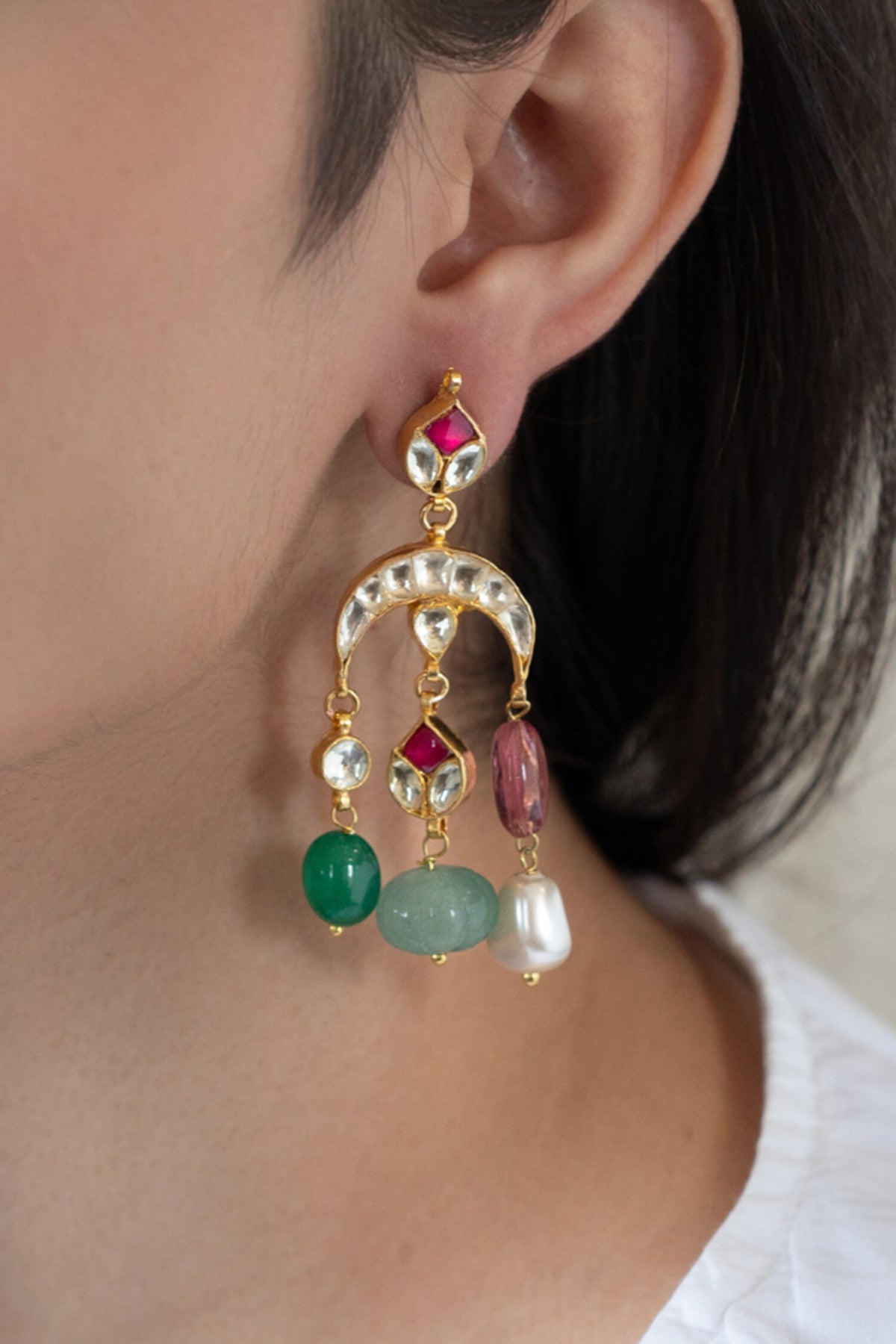 Kundan Studded Crecent Tassel Earrings 