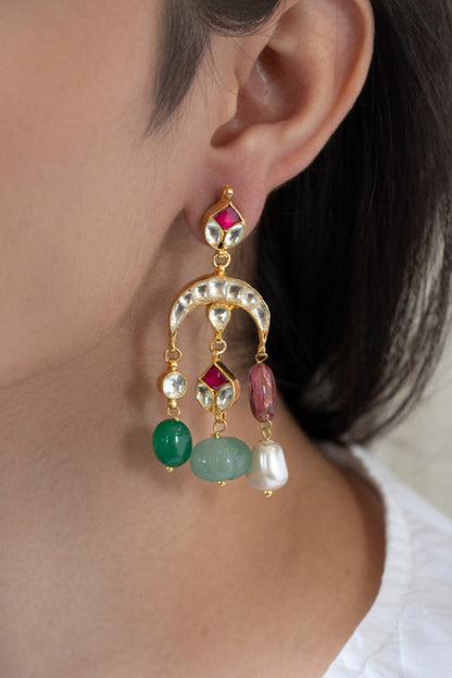 Kundan Studded Crecent Tassel Earrings 
