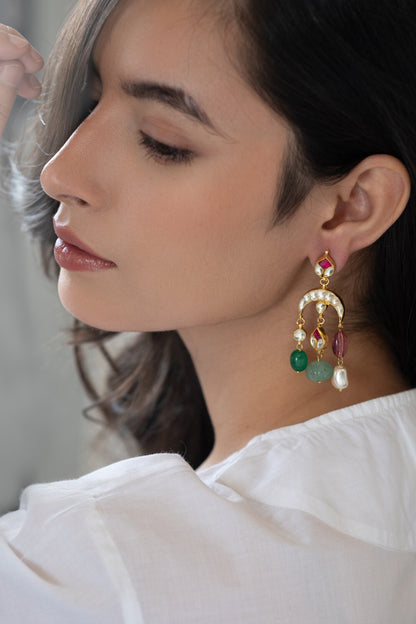 Kundan Studded Crecent Tassel Earrings 