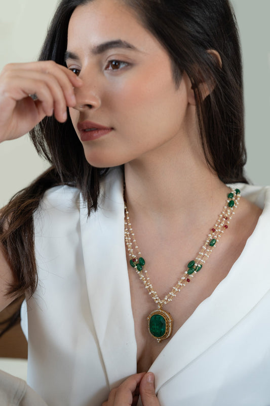 Stone Embellished Pearl Multi-Chain Necklace 