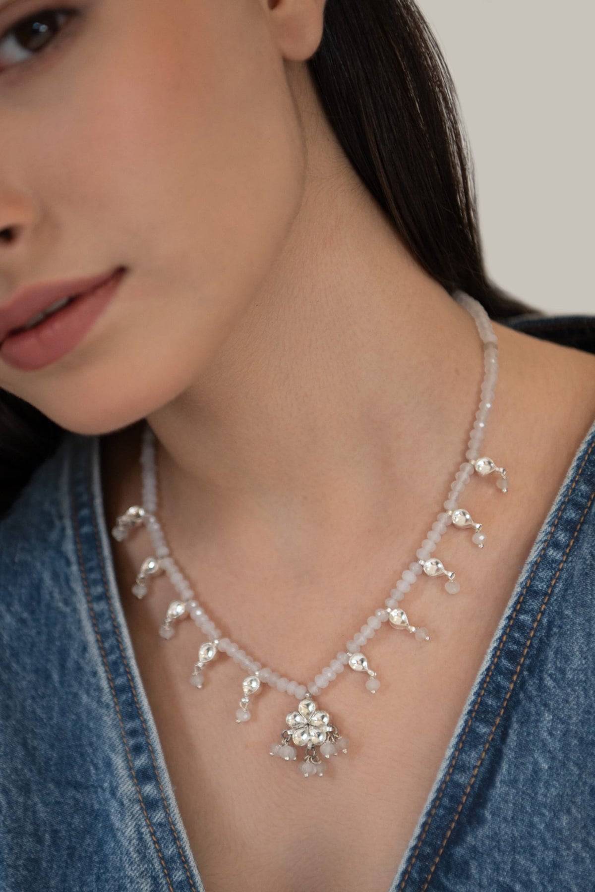 Floral Drop Kundan Onyx Necklace 