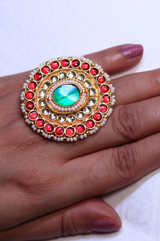 Kundan Pearl Embellished Circular Ring 
