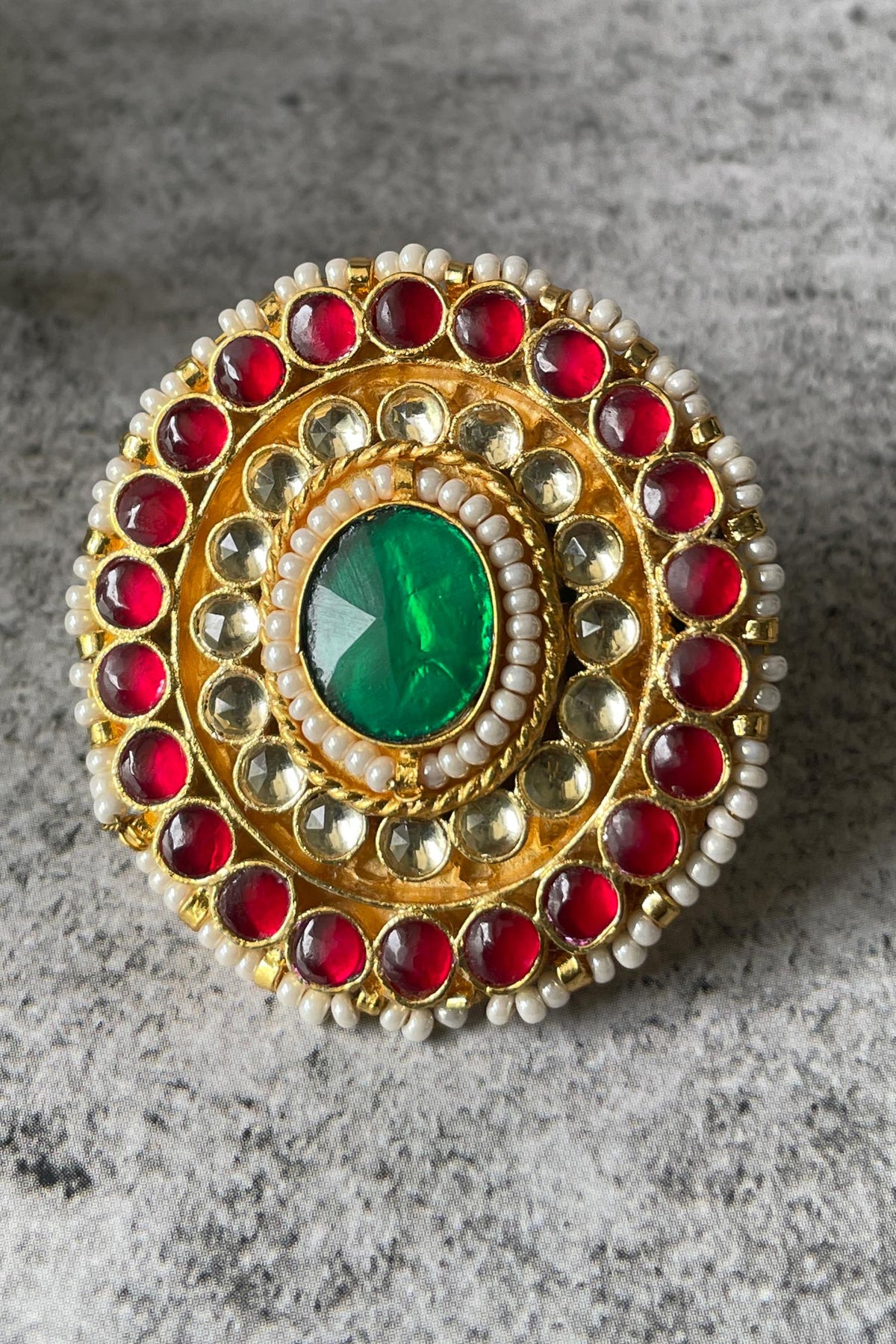 Kundan Pearl Embellished Circular Ring 