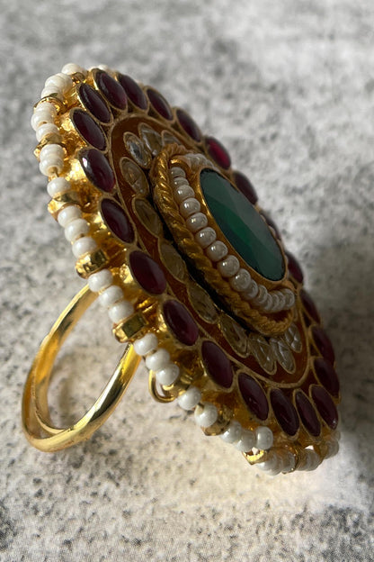 Kundan Pearl Embellished Circular Ring 