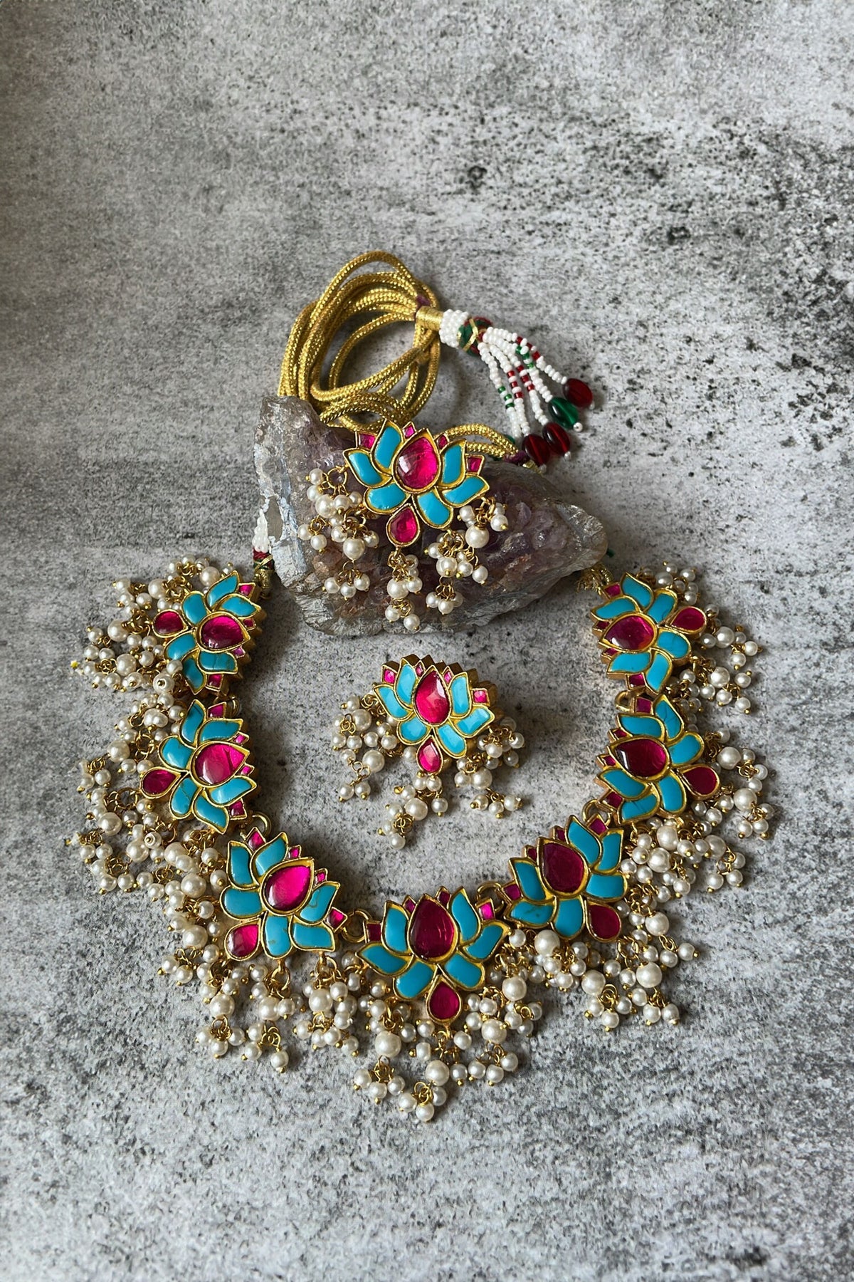 Stone Studded Lotus Necklace Set 