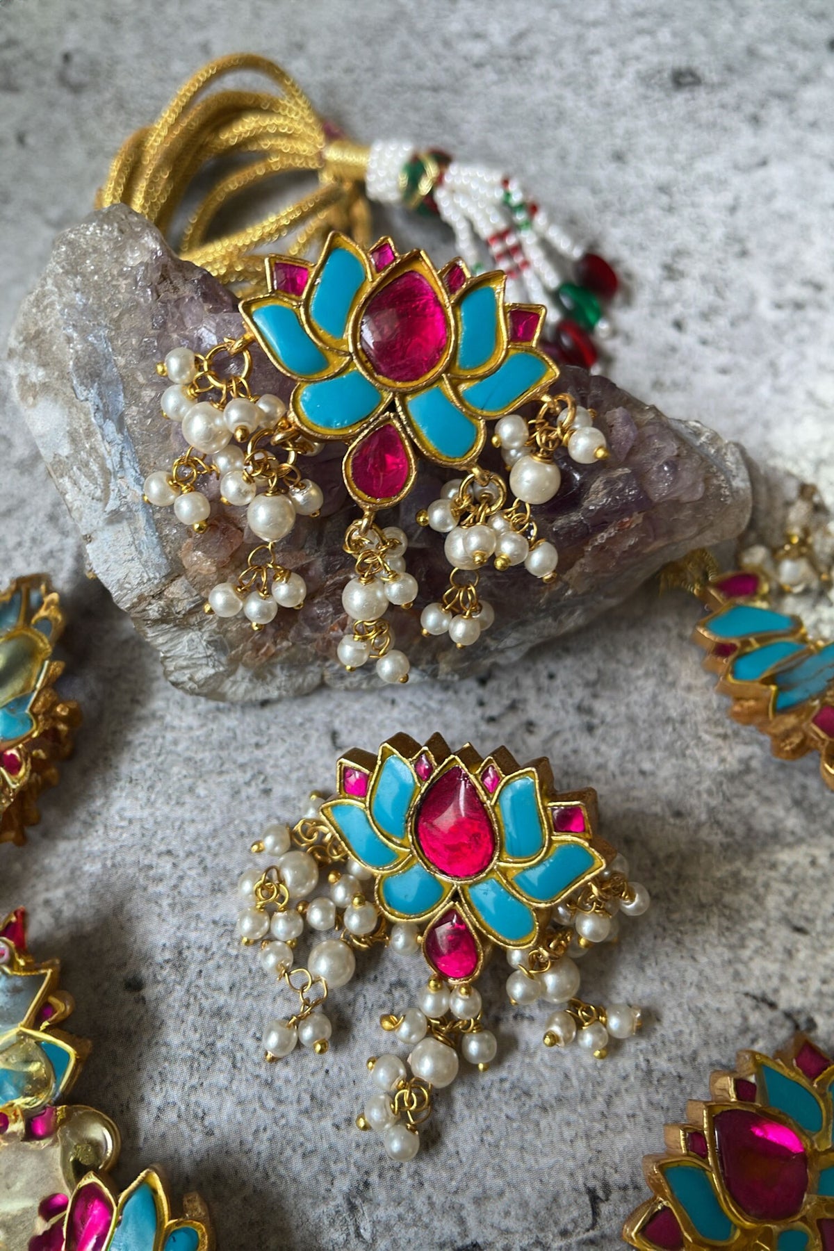 Stone Studded Lotus Necklace Set 